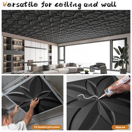 WOWSTAR 12-Pack 24"x24" Drop Ceiling Tiles, Waterproof Glue Up Ceiling Decor, Black