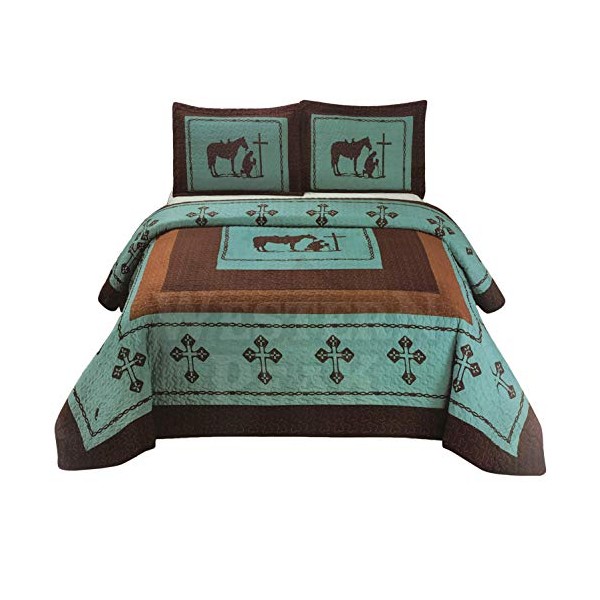 Western Peak 3 Pc Luxury Western Texas Cross Praying Cowboy Horse Cabin Lodge Barbed Wire Luxury Quilt Bedspread Oversize Comforter (Oversize King, Turquoise Teal)
