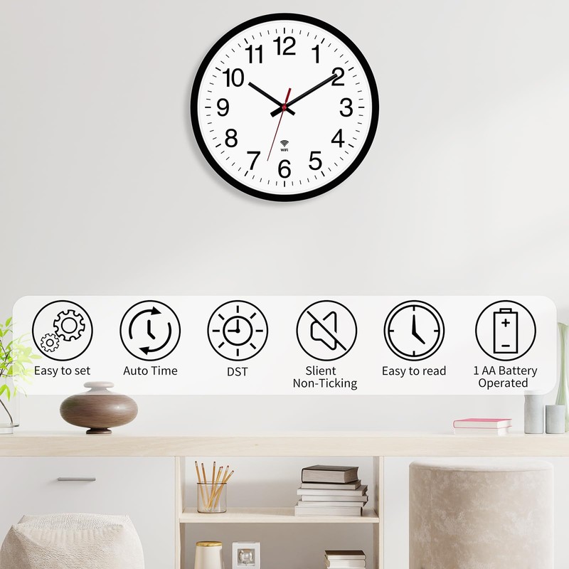 Koosome WiFi Analog Wall Clock with Auto Sync Time &