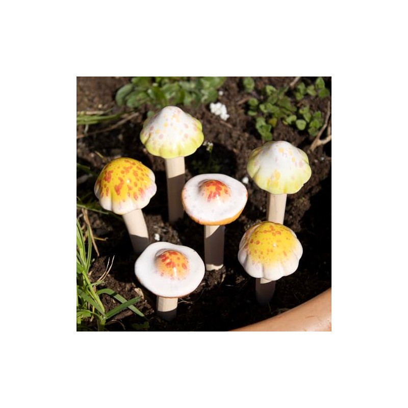 Set Of 6 Ceramic Toadstool Stakes Mini Garden Mushroom Pot