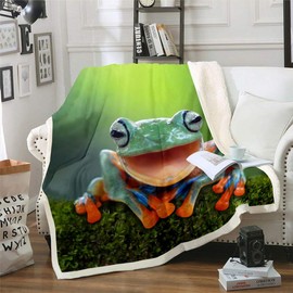 Frog Fleece Throw Blanket Tropical Amphibian Sherpa Blanket for Kids Boys Girls 3D Animal Theme Plush Blanket Tropical Nature Theme Decor Fuzzy Blanket for Sofa Bed Couch,Twin 60x80 Inches