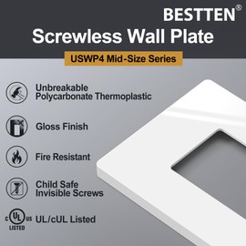 BESTTEN [20 Pack] 1 Gang Mid-Size Screwless Wall Plate, Midway Decorator Receptacle Outlet Cover, USWP4 Gloss White Switch Plate, Single Gang Midsized Decor Faceplate, 12.40cm x 7.90cm, cUL Listed