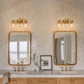 huong son 2 Light Brushed Gold Bathroom Vanity Light Over Mirror, Modern Vanity Lighting with Crystal Glass Shade, Wall Mount Bathroom Light Fixtures, E26 Base