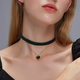 Yienate Layered Love Necklace Chain Heart Rhinestone Pendant Velvet Choker Necklace for Women and Girls (Green)