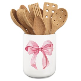 JarThenaAMCS Pink Bow Ceramic Utensil Holder Watercolor Coquette Trendy Bow Utensil Crock for Home Kitchen Countertop Storage Organizer Container