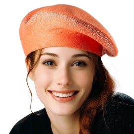 LADYBRO 2 Layers Wool Rhinestone Beret Hats for Women French Barette Lady Winter Warm (Orange Pink)