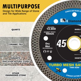 4.5" Turbo Mesh Saw Blades for Porcelain Tile, Ceramic Tile, Marble, Granite and Other Engineered Stones, Wet or Dry, 7/8"-5/8" Arbor, 3-Pack
