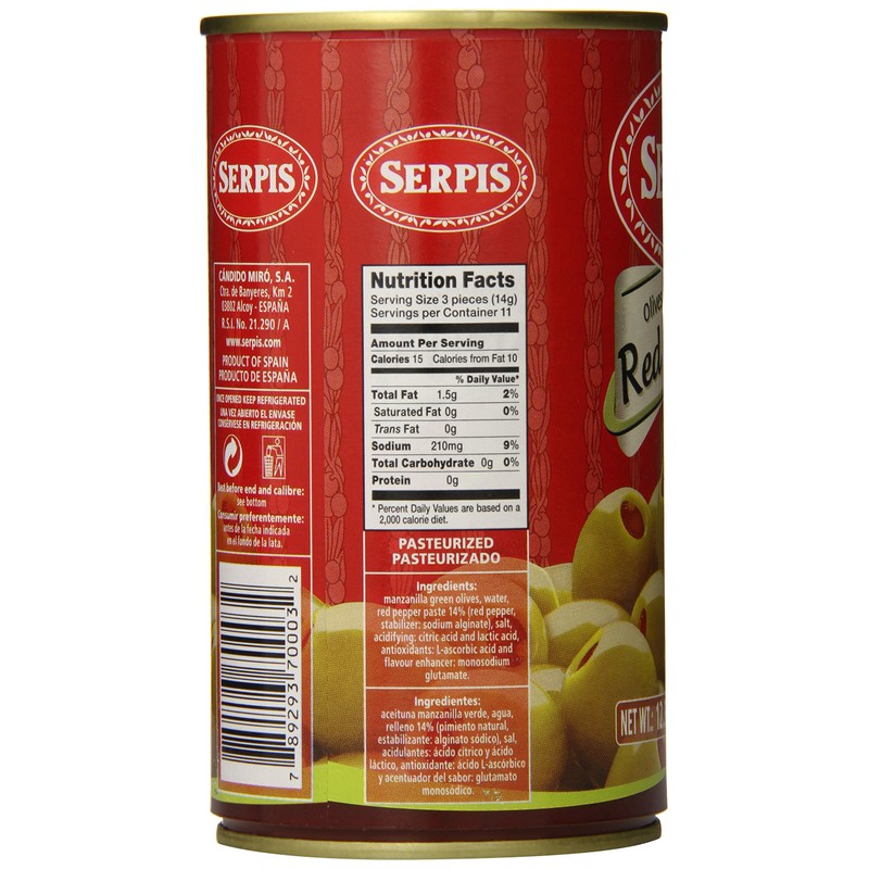 Serpis Olives Stuffed with Red Pepper, 12.34 Ounce (Pack of