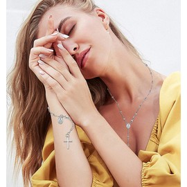 CASSIECA Women's Silver Chain Bracelet 925 Sterling Silver Rosary Necklace Bracelet Religious Jewellery Set Cross Bracelet Chain Mary Madonna Cross Chain Pendant Link Chain Bracelet Y Chain, Sterling