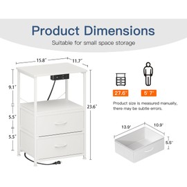 Casaottima White Nightstand Set of 2 with Charger Station — USB Ports & Outlet, Bed Side Table with LED Lights, End Table with Fabric Drawers and Open Shelf, Bedside Table Night Stand for Bedroom