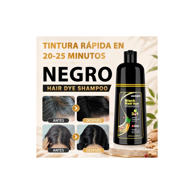 Black Hair Dye Shampoo 3 in 1, Shampoo Tinte Cubre