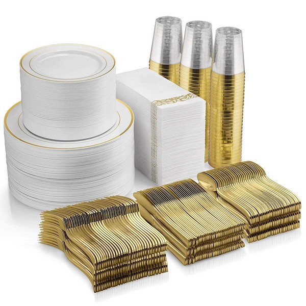700 Piece Gold Dinnerware Set - 200 Gold Rim Plastic Plates - 300 Gold Plastic Silverware - 100 Gold Plastic Cups - 100 Linen Like Gold Paper Napkins, 100 Guest Disposable Gold Dinnerware Set