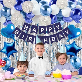 Blue Birthday Decorations for Boys Men - 50 PCS Blue Party Decorations include Happy Birthday Banner Silver Fringe Curtain Heart Star Balloons and Hanging Swirls for Birthday Party Supplies