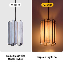 Wrlmfy Tiffany Pendant Lighting, 7" Brass Cylindrical Hanging Lamp with Stained Glass for Foyer, Entryway, Bedroom, Dining Room, Stairwell (Grey)