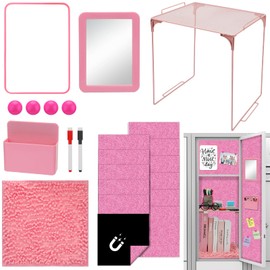 HEYTIMI 24 Pcs Magnetic Locker Accessories Kit Organizer 12"×12" Pink Glitter Wallpaper Whiteboard Magnet Mirror Dry Eraser Marker Rug Storage Organizing Shelf Stickers Back to School Party Supply