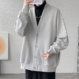 ODFMCE Men's Cardigan, Autumn, V Neck, Solid, Stylish, Loose, Business, Casual, Large Size, gray