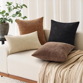 EMEMA Pack of 2 Decorative Chenille Throw Pillow Covers 18x18 Inch Soft Neutral Farmhouse Textured Cushion Cases with Zipper for Couch Sofa Bedroom Living Room Home Decor, Chocolate