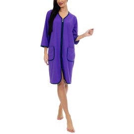 Aquarti Women's Bathrobe Dressing Gown with Zip House Coat Lightweight 3/4 Sleeves, Purple
