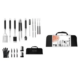 North Point 20 Piece BBQ Tool Set- Mitten, Thermometer, Skewers, Tongs, Fork, Spatula, Grill Brush, Basting Brush, Telescopic Forks, Corn Holders, Salt & Pepper Shaker & Carry Bag Included