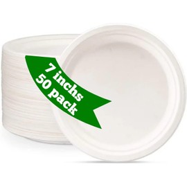 AAN 100% Compostable Biodegradable Paper Plates, Heavy-Duty Eco-Friendly Disposable Bagasse Plates Made of Natural Sugarcane Fibers for Parties, Picnics, BBQs (7 inch - 50 Pack)