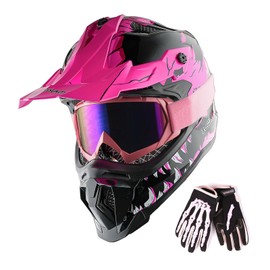 1Storm Adult Motocross Helmet ATV Dirt Bike BMX MX Downhill Mountain Helmet Track Style JH601; Dinosaur Pink + Goggles + Skeleton Pink Glove Bundle