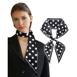 AWAYTR Long Silk Feel Scarf Women Hair Scarf Satin Neck Scarf Tie Bandana Headband Scarf Edge Wrap Head Scarf Purse Handbags (Black Polka Dots)
