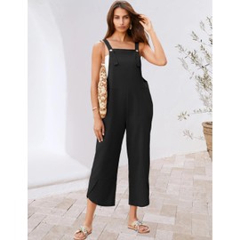 UANEO Womens Cotton Adjustable Casual Summer Bib Overalls Jumpsuits with Pockets (Black, Medium)