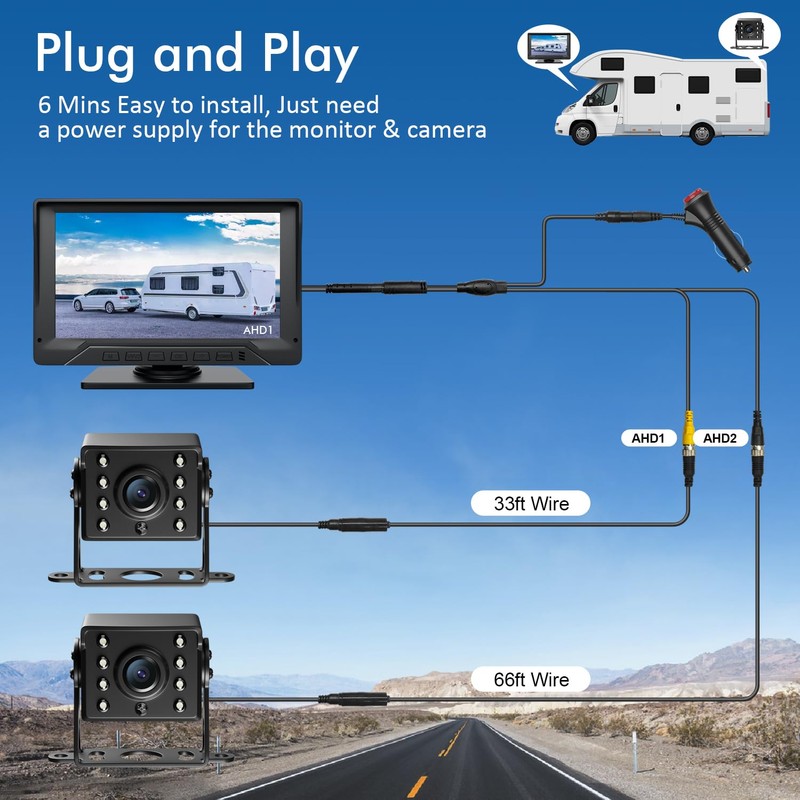 Dual RV Backup Camera Plug and Play, 7'' Backup Camera