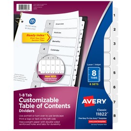 Avery 11822 - Divisores de 8 pestañas para carpetas de 3 anillos, tabla de contenido personalizable, pestañas blancas clásicas, 6 juegos