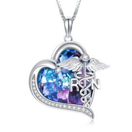 TOUPOP Nurse Gifts for Women Sterling Silver Heart RN Caduceus Pendant Necklace with Purple Heart Crystal Christmas Birthday Medical Nursing Mothers Day Jewelry Gifts for Women Girls Student Doctor