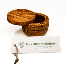 das Olivenholzbrett® Magnetic Box Olive Wood Tin with Swivel Lid Flat / Salt Box with Wooden Lid / Olive Wood Tin for Salt and Spices / Round 10 cm Diameter