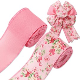 JarThenaAMCS Spring Vintage Floral Wired Edge Ribbon Retro Flower Craft Ribbon Pink Decorative Fabric Ribbon for DIY Crafts Wreath Bow Making, 2 Rolls, 20 Yards