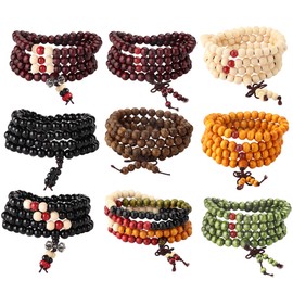 YADOCA 9-12 Pieces Bracelets Elastic Men Women Buddha Mala Necklace Wooden Bracelets Beads Unisex 8 mm Bracelets Set, Wood