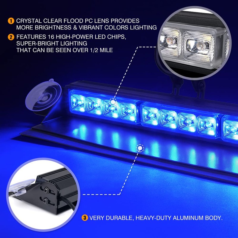 Xprite Emergency Dash Strobe Light Aluminum w/Upgrade Suction Cups, Interior