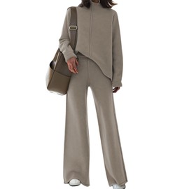 AOHITE Women's Knit Sweatsuit Turtleneck Sweater Top Wide Leg Pants 2 Piece Outfits Khaki Medium