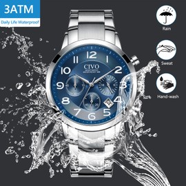 CIVO Men's Watches Stainless Steel Analogue Quartz Waterproof Date Luminous Classic Business Gifts for Men, B-2 Silver/Blue