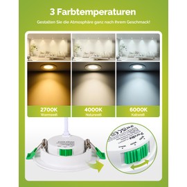 Fondiiz 6 LED Spotlights, 230 V, Swivelling, 5 W LED Recessed Spotlights, 480 lm, Warm White, 2700 K, Neutral White, 4000 K, Cool White, 6000 K, IP44 Spotlights, Ceiling Light, Flat for Bathroom, 70