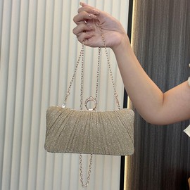 Womens Golden Glitter Clutch Purse Pleated Evening Bag for Bridal Wedding Party with Rhinestone Ring (Gold), Gold