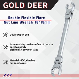 GOLD DEER Flex Head Flare Nut Wrench 16 * 18mm Wrench Flexible Flare Nut Line Wrench Metric Flare Nut Wrench Set Metric Flare Tool Flex Tools 40Cr for Automotive Repairs Plumbing Repairs
