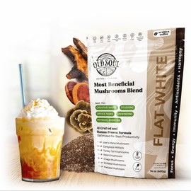 OldSoul Superfood Mushrooms Flat White Blend | 7-Mushroom Formula | Arabica Coffee | Energy, Focus, Immunity | 14 oz (400 g)