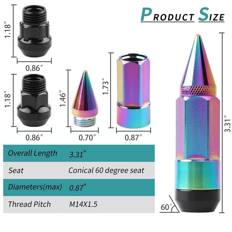 YeshineAuto M14X1.5 Spikes Lug Nuts, 24PCS Anti Theft Wheel Lug