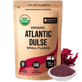 Organic Atlantic Dulse Flakes - Young Seaweed Grown in North Atlantic, Vacuum Dried Premium Quality. Soft Texture & Mild Taste. Add 1 tsp to your dish for daily vitamins/minerals. 140 Servings (3oz)