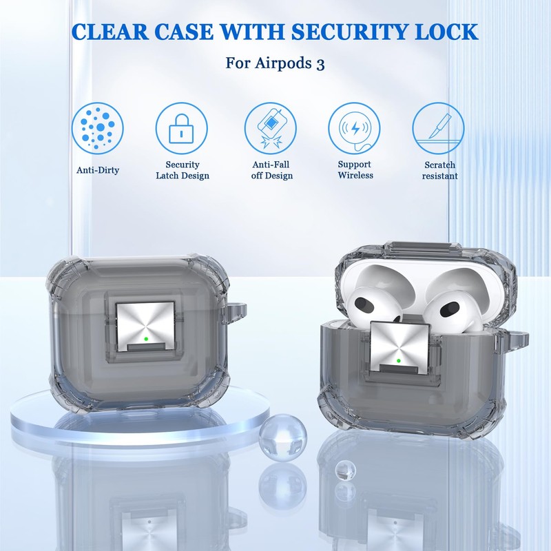 RFUNGUANGO for AirPods 3 Generation Case Cover with Lock,Clear Soft