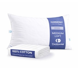 Continental Bedding Harmony White Down Pillow and Cotton Protector Bundle 550 Fill Power Made in USA King Medium