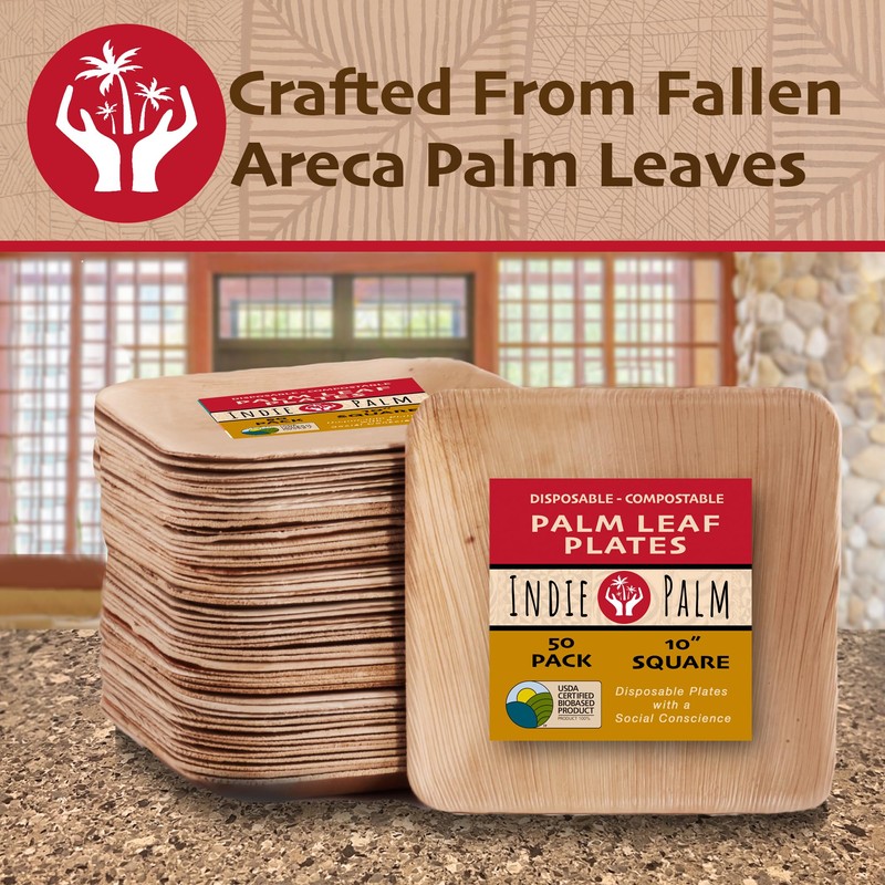 Compostable Palm Leaf Plates - 10 Inch Square [50-Pack] Microwave