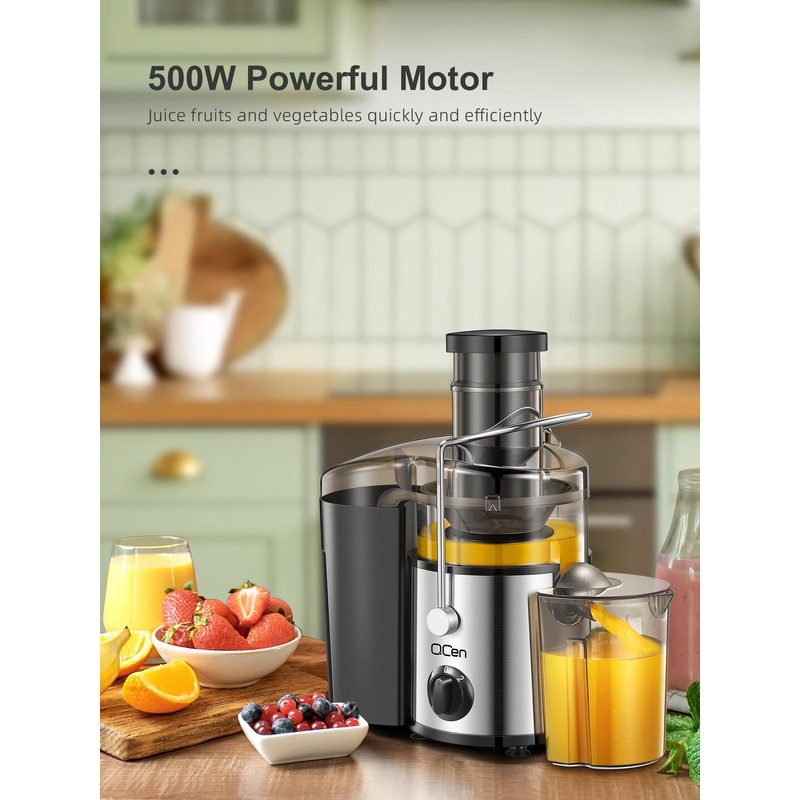 QCen Juicer Machine, 500W Centrifugal Juicer Extractor with 3” Wide