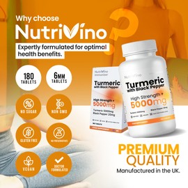 Turmeric Tablets 5000mg with Black Pepper | 95% Curcumin Extract | 180 Easy to Swallow Tiny Turmeric and Black Pepper Tablets | Vegan & Cruelty-Free | Supplements for Men and Women by Nutrivino