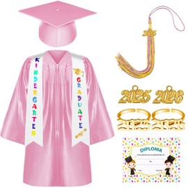 Sasylvia Kindergarten Preschool Graduation Gown Cap Set with 2025 Tassel Graduation Stole Rings Certificate for Toddler Kids(Size 24,Pink)
