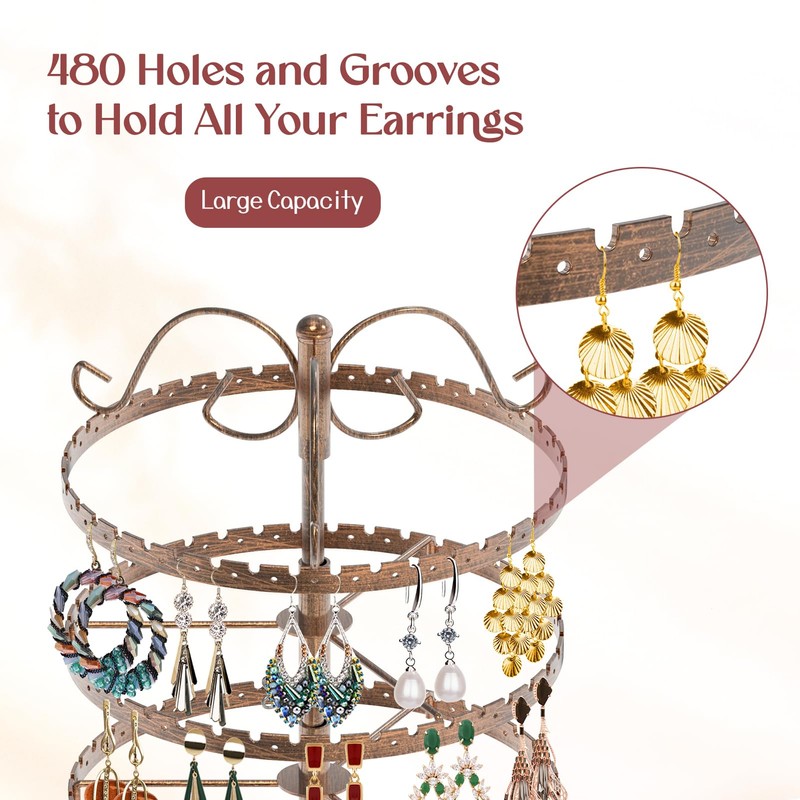 MODOWEY 6 Tier Rotating Earring Holder Organizer Stand, Adjustable Metal