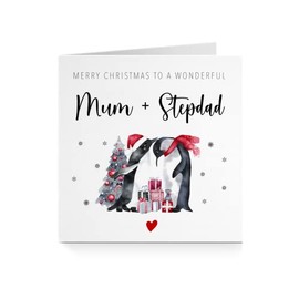 Merry Christmas Mum & Stepdad Penguin Christmas Greeting Card - Watercolour Penguin Christmas Card For Mum & Stepdad - Christmas Xmas Card For Him Her Mum Stepdad A504